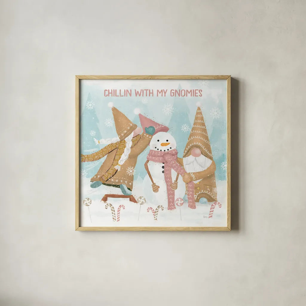 Gnome Sweet Gnome IV Blush by Veronique Charron. Shown in a natural wood glass frame for a timeless modern aesthetic. Available as an archival giclee rolled canvas, fine art paper, or poster print. SKU 70599a.