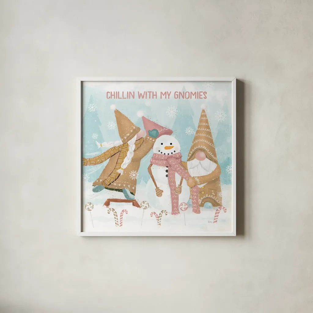 Gnome Sweet Gnome IV Blush by Veronique Charron. Shown in a crisp white glass frame for a clean and minimalist style. Available as an archival giclee rolled canvas, fine art paper, or poster print. SKU 70599a.