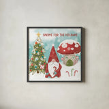 Gnome Sweet Gnome V by Veronique Charron. Shown in a sleek black glass frame for a contemporary gallery look. Available as an archival giclee rolled canvas, fine art paper, or poster print. SKU 69513a.