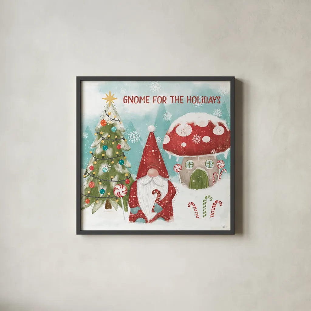 Gnome Sweet Gnome V by Veronique Charron. Shown in a sleek black glass frame for a contemporary gallery look. Available as an archival giclee rolled canvas, fine art paper, or poster print. SKU 69513a.