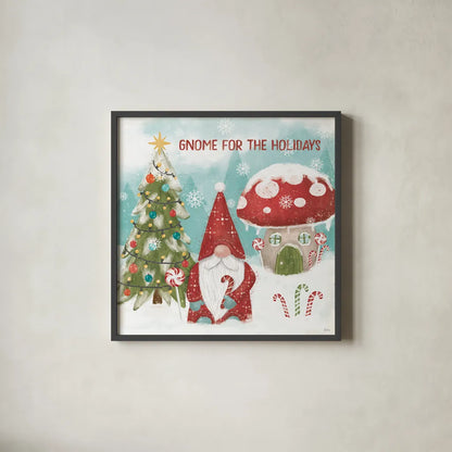 Gnome Sweet Gnome V by Veronique Charron. Shown in a sleek black glass frame for a contemporary gallery look. Available as an archival giclee rolled canvas, fine art paper, or poster print. SKU 69513a.