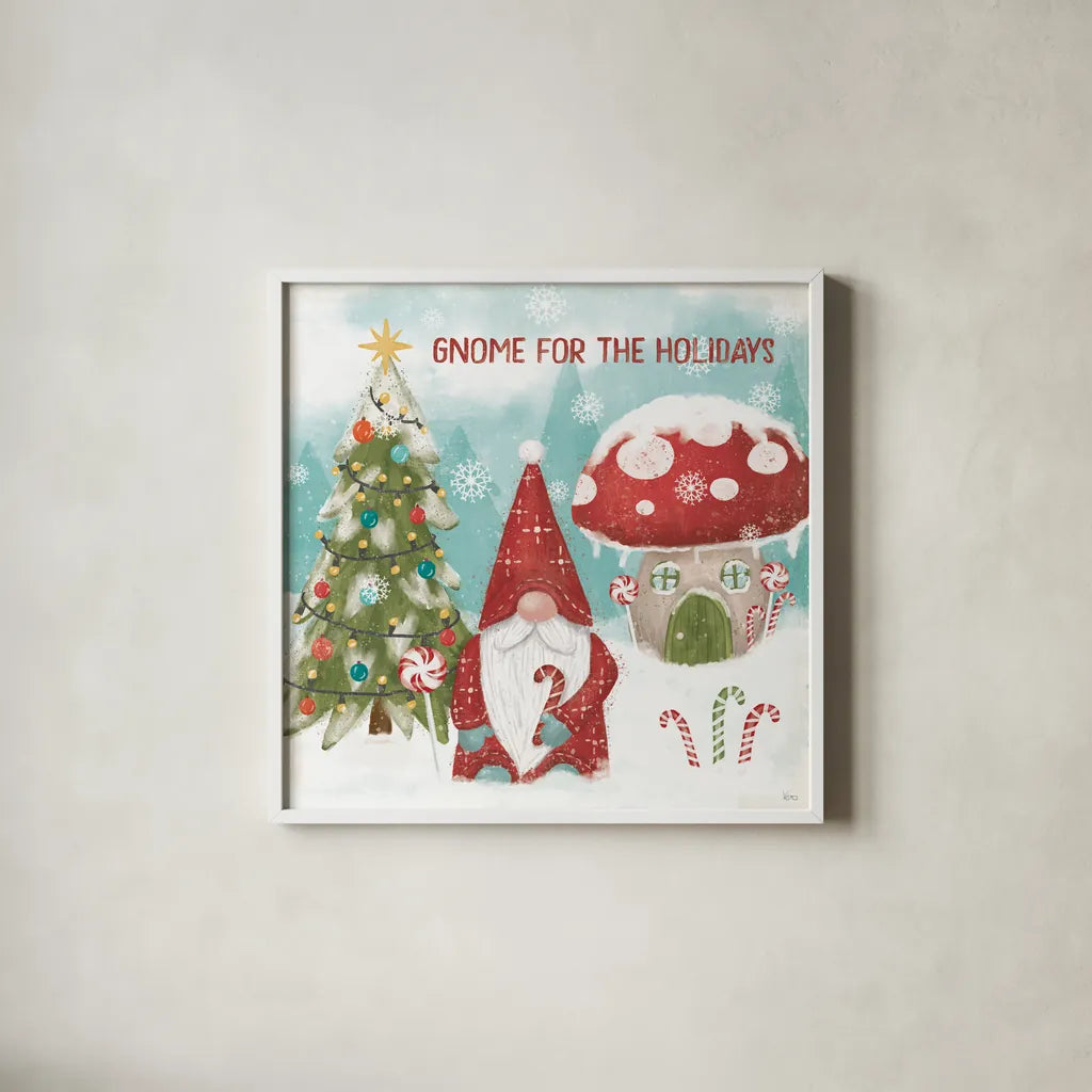 Gnome Sweet Gnome V by Veronique Charron. Shown in a crisp white glass frame for a clean and minimalist style. Available as an archival giclee rolled canvas, fine art paper, or poster print. SKU 69513a.