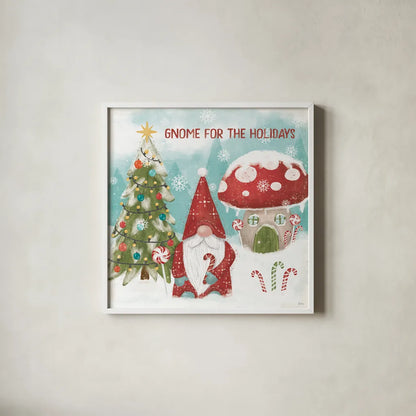 Gnome Sweet Gnome V by Veronique Charron. Shown in a crisp white glass frame for a clean and minimalist style. Available as an archival giclee rolled canvas, fine art paper, or poster print. SKU 69513a.