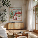 Gnome Sweet Gnome V by Veronique Charron. Shown in a natural wood frame in a cozy modern living room. Available as an archival giclee rolled canvas, fine art paper, or poster print. SKU 69513a.