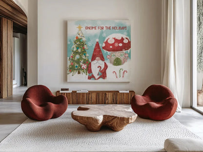 Gnome Sweet Gnome V by Veronique Charron. Shown as extra-large giant wall art in a modern living room. Available as an archival giclee rolled canvas, fine art paper, or poster print. SKU 69513a.