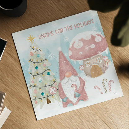 Gnome Sweet Gnome V Blush by Veronique Charron. Shown as a detailed flat fine art print, highlighting archival giclee quality. Available as an archival giclee rolled canvas, fine art paper, or poster print. SKU 70600a.