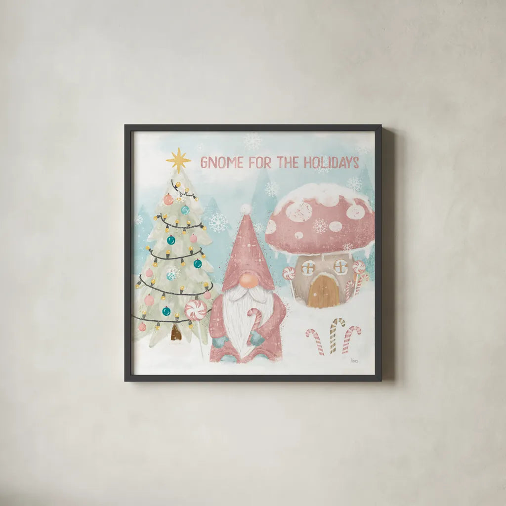 Gnome Sweet Gnome V Blush by Veronique Charron. Shown in a sleek black glass frame for a contemporary gallery look. Available as an archival giclee rolled canvas, fine art paper, or poster print. SKU 70600a.