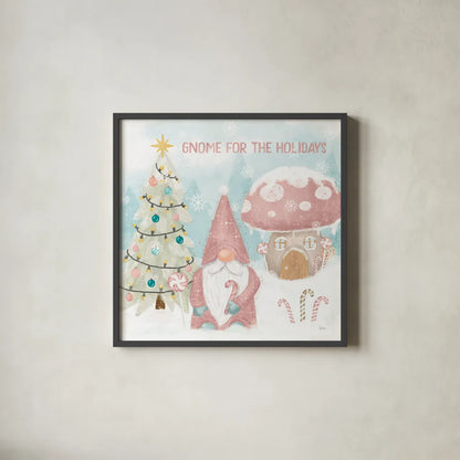 Gnome Sweet Gnome V Blush by Veronique Charron. Shown in a sleek black glass frame for a contemporary gallery look. Available as an archival giclee rolled canvas, fine art paper, or poster print. SKU 70600a.
