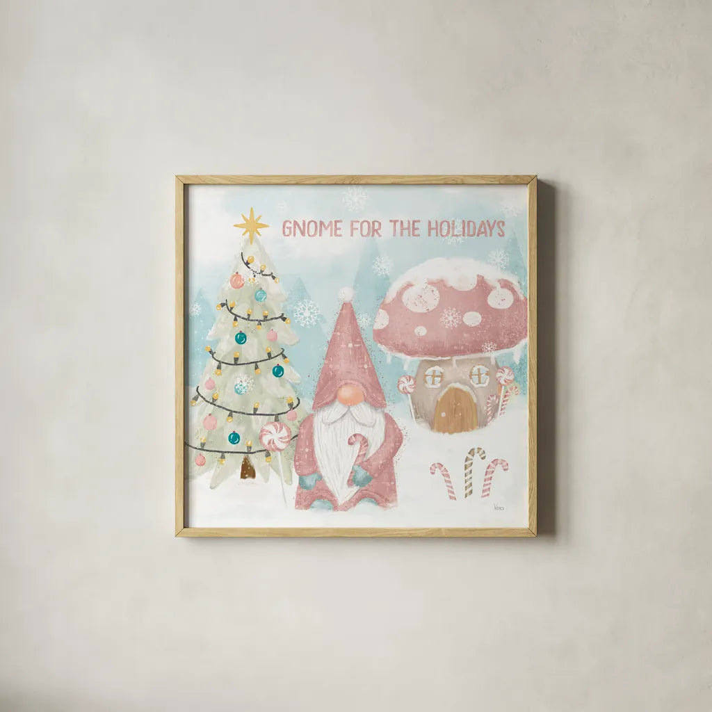Gnome Sweet Gnome V Blush by Veronique Charron. Shown in a natural wood glass frame for a timeless modern aesthetic. Available as an archival giclee rolled canvas, fine art paper, or poster print. SKU 70600a.