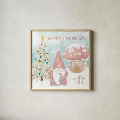 Gnome Sweet Gnome V Blush by Veronique Charron. Shown in a natural wood glass frame for a timeless modern aesthetic. Available as an archival giclee rolled canvas, fine art paper, or poster print. SKU 70600a.