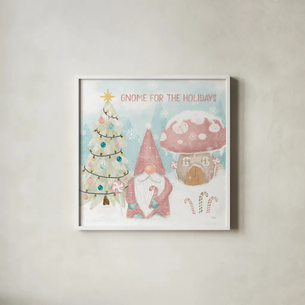Gnome Sweet Gnome V Blush by Veronique Charron. Shown in a crisp white glass frame for a clean and minimalist style. Available as an archival giclee rolled canvas, fine art paper, or poster print. SKU 70600a.