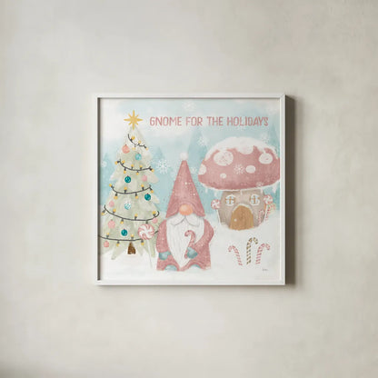 Gnome Sweet Gnome V Blush by Veronique Charron. Shown in a crisp white glass frame for a clean and minimalist style. Available as an archival giclee rolled canvas, fine art paper, or poster print. SKU 70600a.