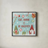 Gnome Sweet Gnome VI by Veronique Charron. Shown in a sleek black glass frame for a contemporary gallery look. Available as an archival giclee rolled canvas, fine art paper, or poster print. SKU 69514a.