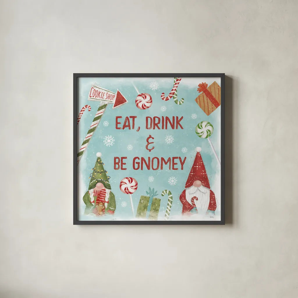 Gnome Sweet Gnome VI by Veronique Charron. Shown in a sleek black glass frame for a contemporary gallery look. Available as an archival giclee rolled canvas, fine art paper, or poster print. SKU 69514a.