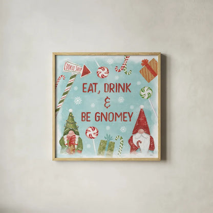 Gnome Sweet Gnome VI by Veronique Charron. Shown in a natural wood glass frame for a timeless modern aesthetic. Available as an archival giclee rolled canvas, fine art paper, or poster print. SKU 69514a.