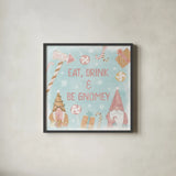 Gnome Sweet Gnome VI Blush by Veronique Charron. Shown in a sleek black glass frame for a contemporary gallery look. Available as an archival giclee rolled canvas, fine art paper, or poster print. SKU 70601a.