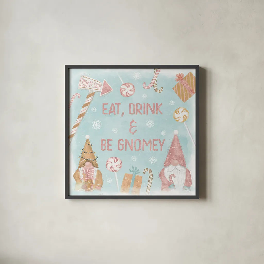 Gnome Sweet Gnome VI Blush by Veronique Charron. Shown in a sleek black glass frame for a contemporary gallery look. Available as an archival giclee rolled canvas, fine art paper, or poster print. SKU 70601a.