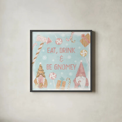 Gnome Sweet Gnome VI Blush by Veronique Charron. Shown in a sleek black glass frame for a contemporary gallery look. Available as an archival giclee rolled canvas, fine art paper, or poster print. SKU 70601a.