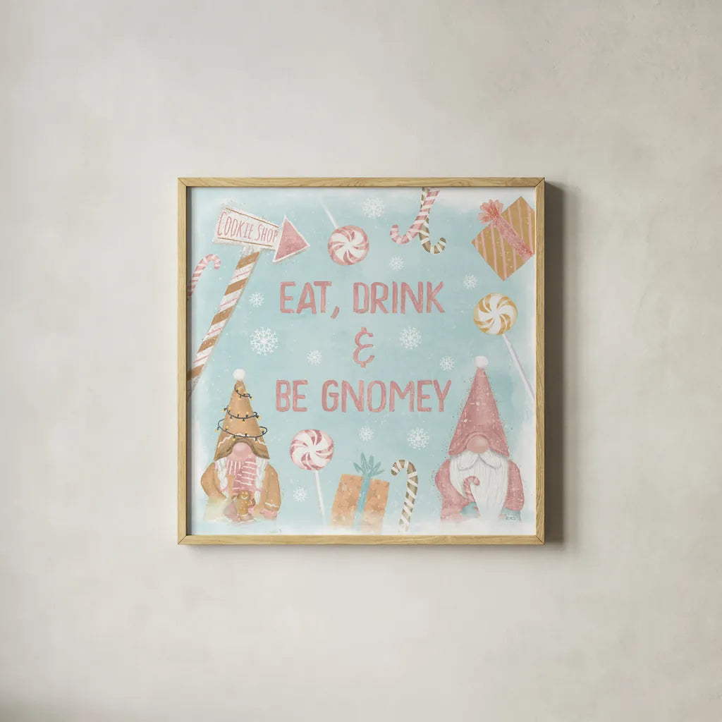 Gnome Sweet Gnome VI Blush by Veronique Charron. Shown in a natural wood glass frame for a timeless modern aesthetic. Available as an archival giclee rolled canvas, fine art paper, or poster print. SKU 70601a.