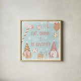 Gnome Sweet Gnome VI Blush by Veronique Charron. Shown in a natural wood glass frame for a timeless modern aesthetic. Available as an archival giclee rolled canvas, fine art paper, or poster print. SKU 70601a.