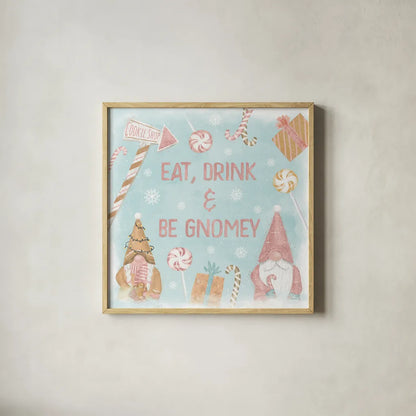 Gnome Sweet Gnome VI Blush by Veronique Charron. Shown in a natural wood glass frame for a timeless modern aesthetic. Available as an archival giclee rolled canvas, fine art paper, or poster print. SKU 70601a.