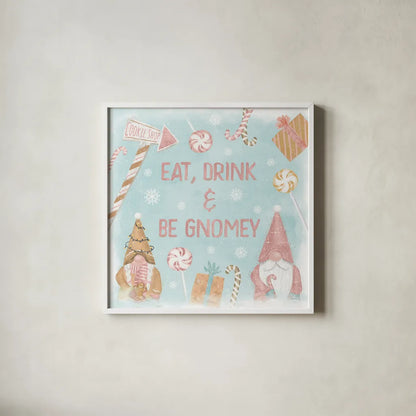 Gnome Sweet Gnome VI Blush by Veronique Charron. Shown in a crisp white glass frame for a clean and minimalist style. Available as an archival giclee rolled canvas, fine art paper, or poster print. SKU 70601a.