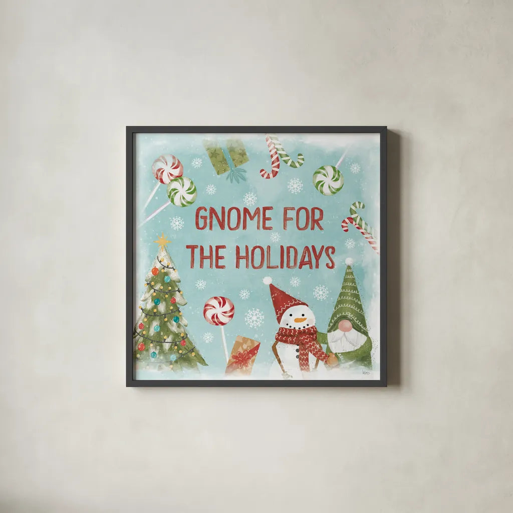 Gnome Sweet Gnome VII by Veronique Charron. Shown in a sleek black glass frame for a contemporary gallery look. Available as an archival giclee rolled canvas, fine art paper, or poster print. SKU 69515a.