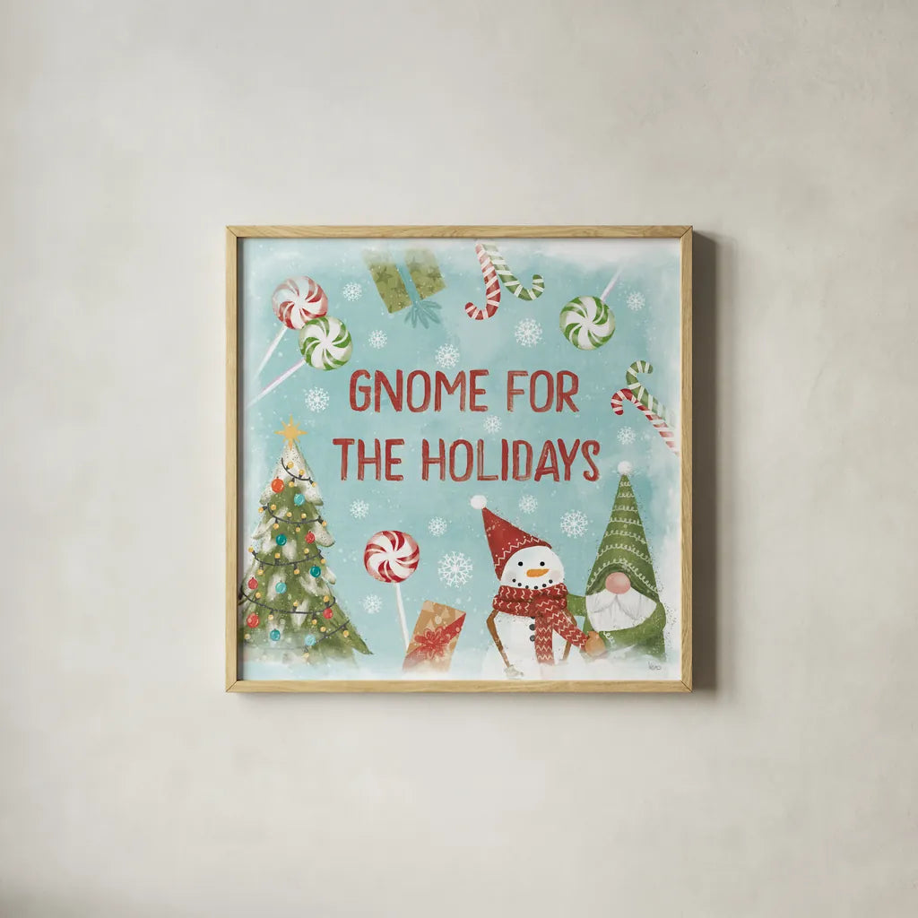 Gnome Sweet Gnome VII by Veronique Charron. Shown in a natural wood glass frame for a timeless modern aesthetic. Available as an archival giclee rolled canvas, fine art paper, or poster print. SKU 69515a.