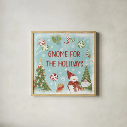 Gnome Sweet Gnome VII by Veronique Charron. Shown in a natural wood glass frame for a timeless modern aesthetic. Available as an archival giclee rolled canvas, fine art paper, or poster print. SKU 69515a.