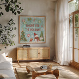 Gnome Sweet Gnome VII by Veronique Charron. Shown in a natural wood frame in a cozy modern living room. Available as an archival giclee rolled canvas, fine art paper, or poster print. SKU 69515a.