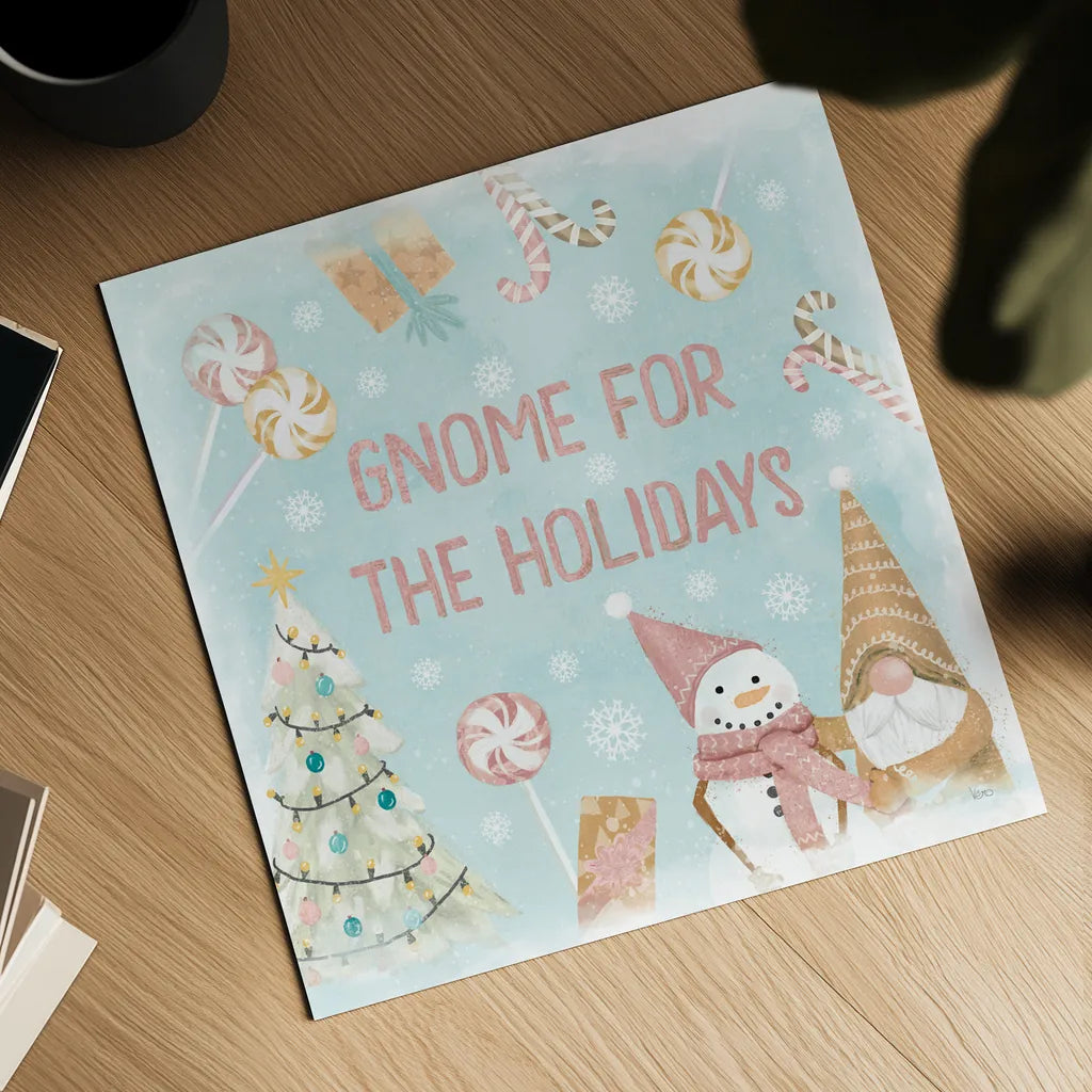 Gnome Sweet Gnome VII Blush by Veronique Charron. Shown as a detailed flat fine art print, highlighting archival giclee quality. Available as an archival giclee rolled canvas, fine art paper, or poster print. SKU 70602a.