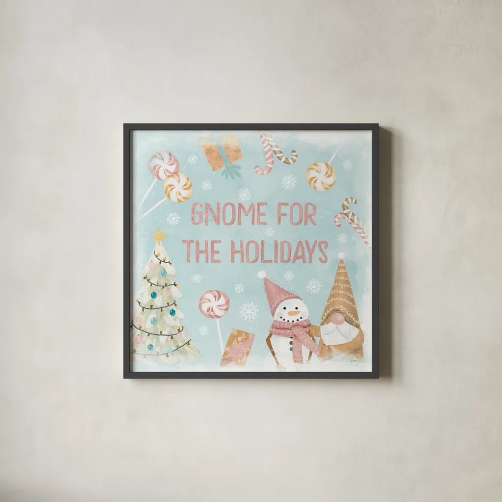 Gnome Sweet Gnome VII Blush by Veronique Charron. Shown in a sleek black glass frame for a contemporary gallery look. Available as an archival giclee rolled canvas, fine art paper, or poster print. SKU 70602a.