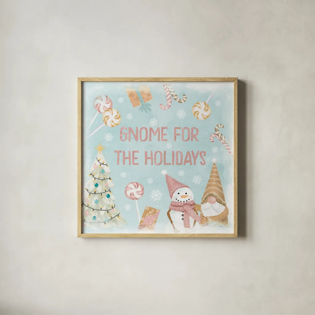 Gnome Sweet Gnome VII Blush by Veronique Charron. Shown in a natural wood glass frame for a timeless modern aesthetic. Available as an archival giclee rolled canvas, fine art paper, or poster print. SKU 70602a.