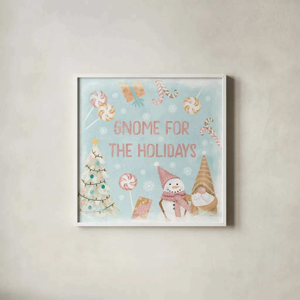 Gnome Sweet Gnome VII Blush by Veronique Charron. Shown in a crisp white glass frame for a clean and minimalist style. Available as an archival giclee rolled canvas, fine art paper, or poster print. SKU 70602a.