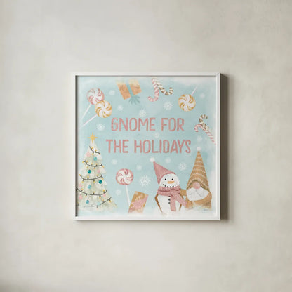 Gnome Sweet Gnome VII Blush by Veronique Charron. Shown in a crisp white glass frame for a clean and minimalist style. Available as an archival giclee rolled canvas, fine art paper, or poster print. SKU 70602a.