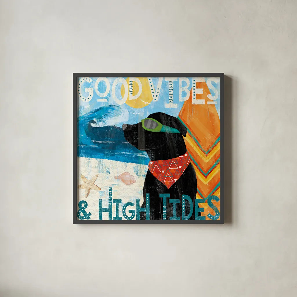 Good Vibes IV by Veronique Charron. Shown in a sleek black glass frame for a contemporary gallery look. Available as an archival giclee rolled canvas, fine art paper, or poster print. SKU 52150a.