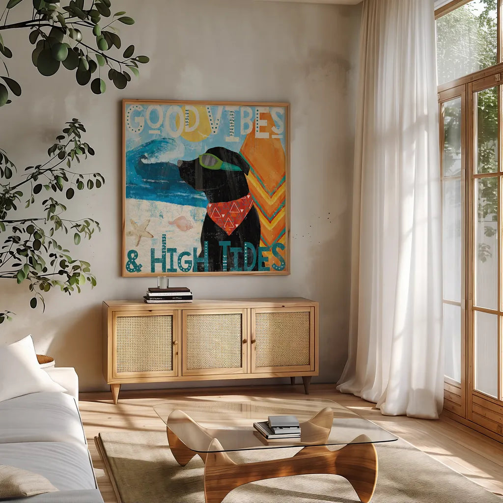 Good Vibes IV by Veronique Charron. Shown in a natural wood frame in a cozy modern living room. Available as an archival giclee rolled canvas, fine art paper, or poster print. SKU 52150a.