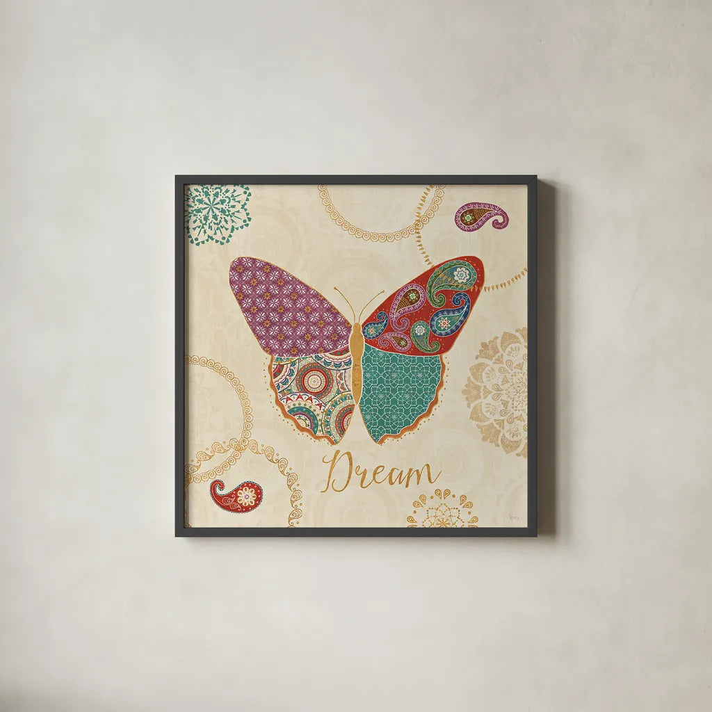 Gypsy Wings III by Veronique Charron. Shown in a sleek black glass frame for a contemporary gallery look. Available as an archival giclee rolled canvas, fine art paper, or poster print. SKU 25370a.