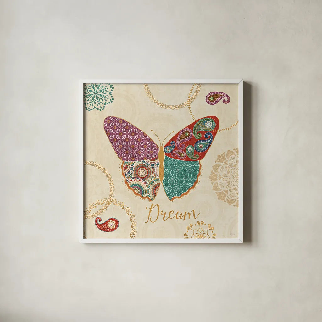 Gypsy Wings III by Veronique Charron. Shown in a crisp white glass frame for a clean and minimalist style. Available as an archival giclee rolled canvas, fine art paper, or poster print. SKU 25370a.