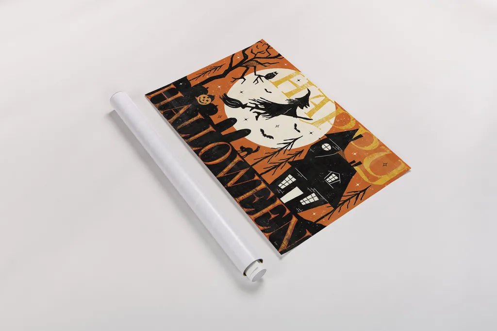 Halloween is Calling I by Veronique Charron. shown as a rolled paper print. Available as archival giclee rolled canvas, fine art paper, or poster print. SKU 78628i.