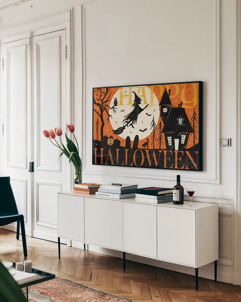 Halloween is Calling I by Veronique Charron. shown as a framed stretched canvas in a living room above a console. Available as a archival giclee rolled canvas, fine art paper, or poster print. SKU 78628i.