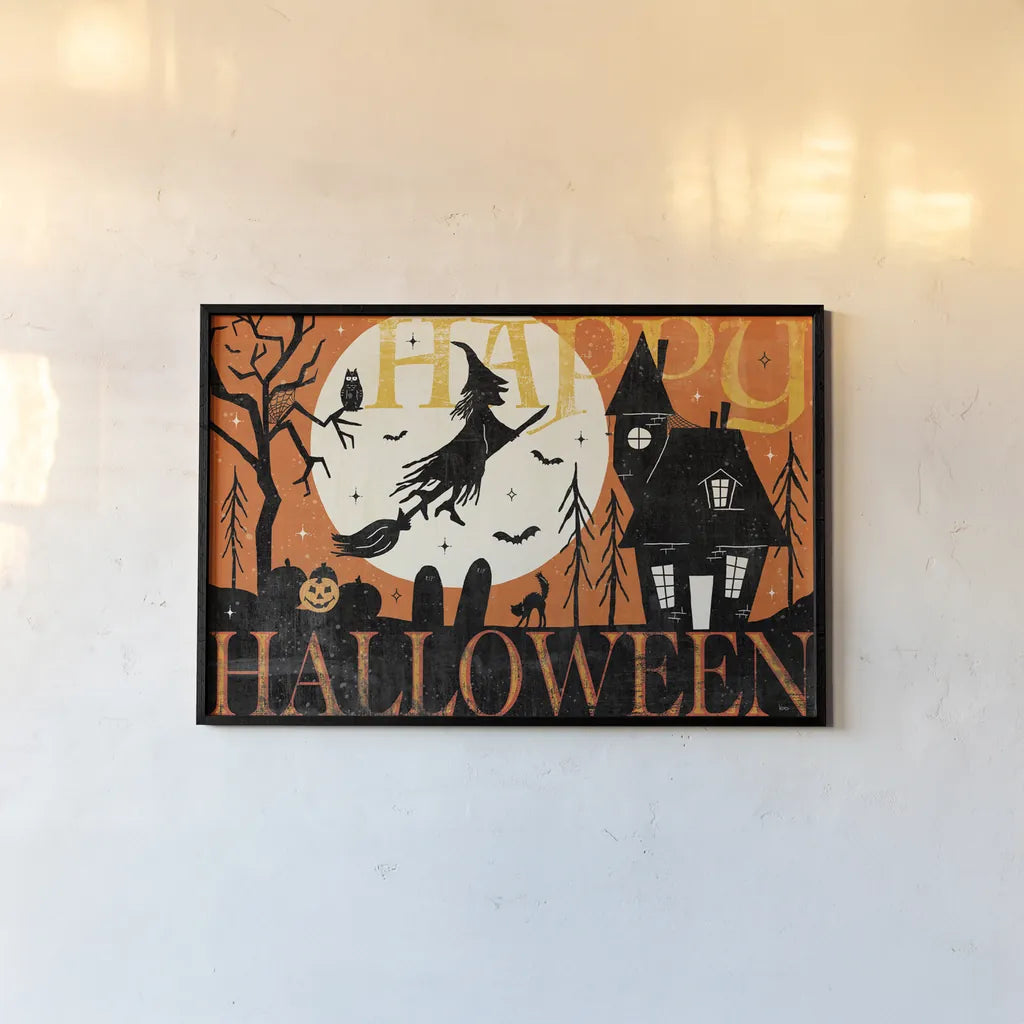 Halloween is Calling I by Veronique Charron. shown as a paper print in a black flame. Available as a archival giclee rolled canvas, fine art paper, or poster print. SKU 78628i.