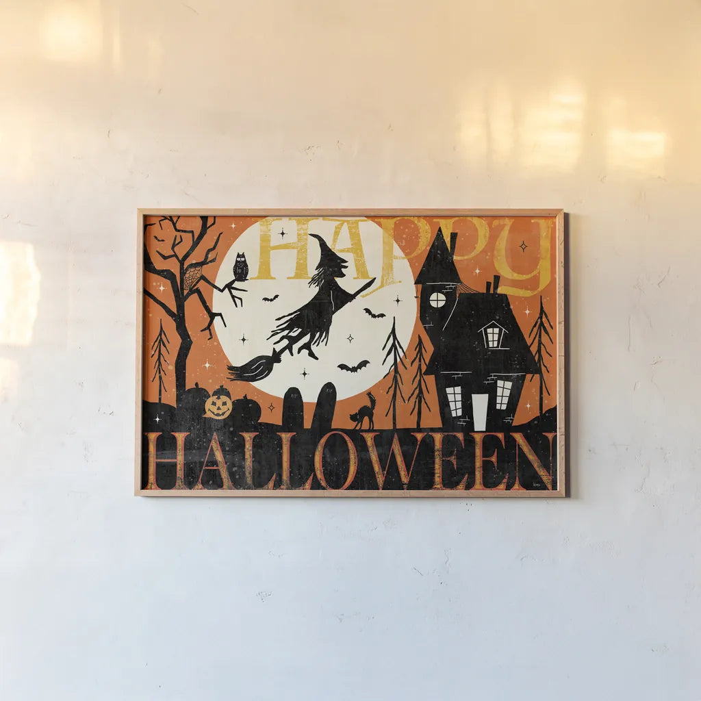 Halloween is Calling I by Veronique Charron. shown as a paper print in a natural frame. Available as a archival giclee rolled canvas, fine art paper, or poster print. SKU 78628i.