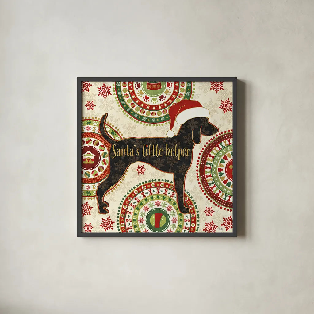 Happy Holidogs I by Veronique Charron. Shown in a sleek black glass frame for a contemporary gallery look. Available as an archival giclee rolled canvas, fine art paper, or poster print. SKU 26059a.