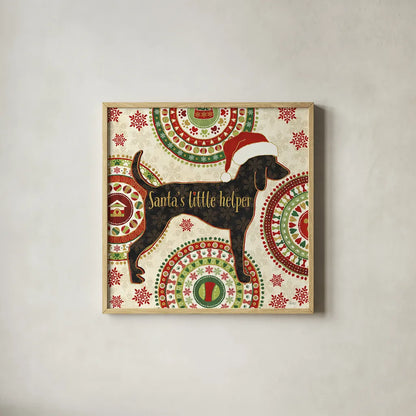 Happy Holidogs I by Veronique Charron. Shown in a natural wood glass frame for a timeless modern aesthetic. Available as an archival giclee rolled canvas, fine art paper, or poster print. SKU 26059a.