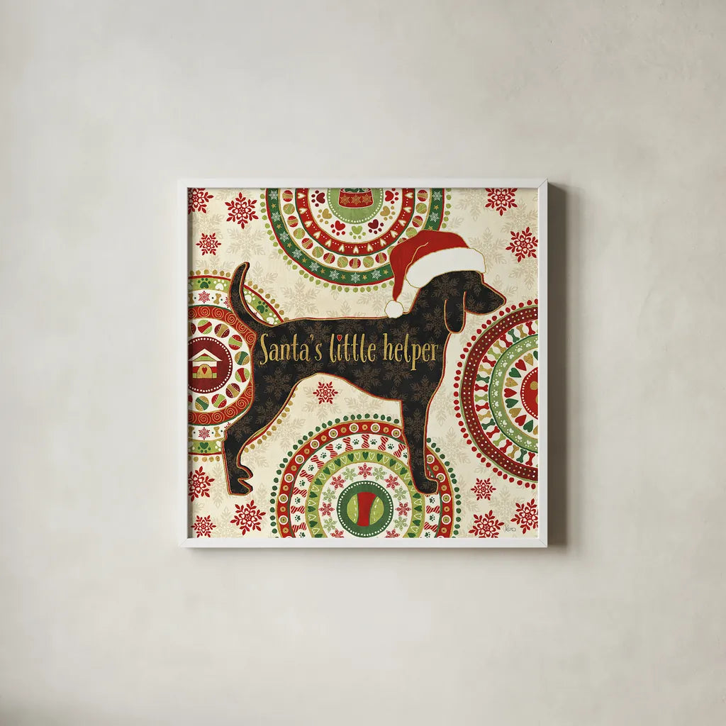 Happy Holidogs I by Veronique Charron. Shown in a crisp white glass frame for a clean and minimalist style. Available as an archival giclee rolled canvas, fine art paper, or poster print. SKU 26059a.