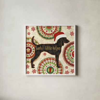 Happy Holidogs I by Veronique Charron. Shown in a crisp white glass frame for a clean and minimalist style. Available as an archival giclee rolled canvas, fine art paper, or poster print. SKU 26059a.