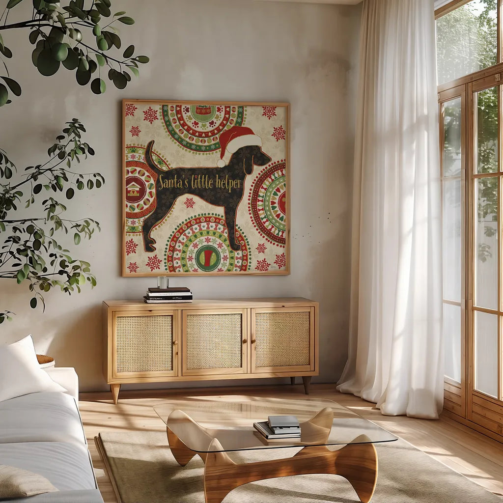 Happy Holidogs I by Veronique Charron. Shown in a natural wood frame in a cozy modern living room. Available as an archival giclee rolled canvas, fine art paper, or poster print. SKU 26059a.