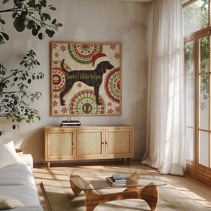 Happy Holidogs I by Veronique Charron. Shown in a natural wood frame in a cozy modern living room. Available as an archival giclee rolled canvas, fine art paper, or poster print. SKU 26059a.