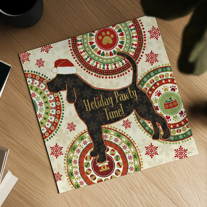 Happy Holidogs II by Veronique Charron. Shown as a detailed flat fine art print, highlighting archival giclee quality. Available as an archival giclee rolled canvas, fine art paper, or poster print. SKU 26060a.